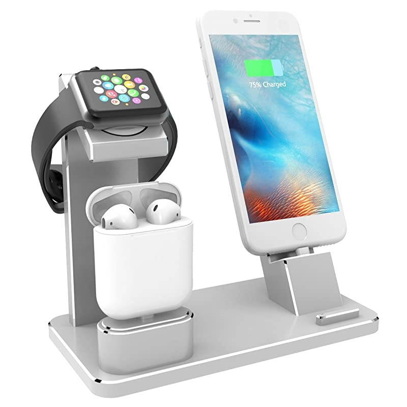Phone Charging Dock Aluminum 4 in 1 AirPods Charging Stand Accessories Station Holder for Apple Watch 4 3 2 1 AirPods Phone Xs X Max XR 7 7plus 6s 6plus iPad Mini Silver