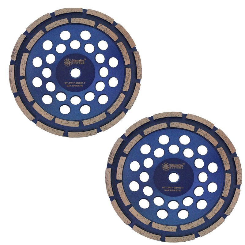 DiamaPro Systems Non Threaded 7 Inch Double Row Diamond Abrasive Concrete Grinding Cup Wheel for Drains, Preparation, Coating Removal, (2 Pack)