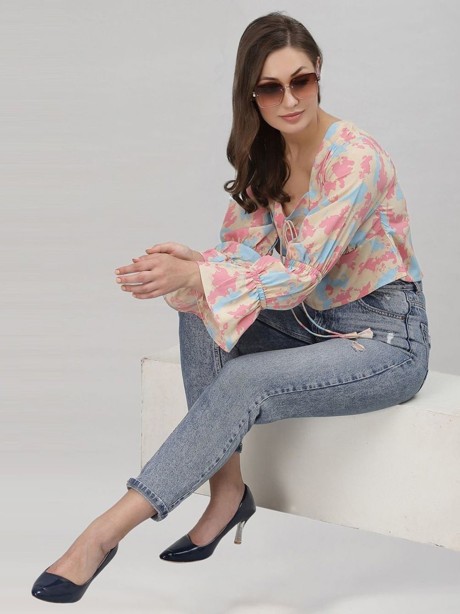 SELVIA Beige & Pink Printed Crop Top