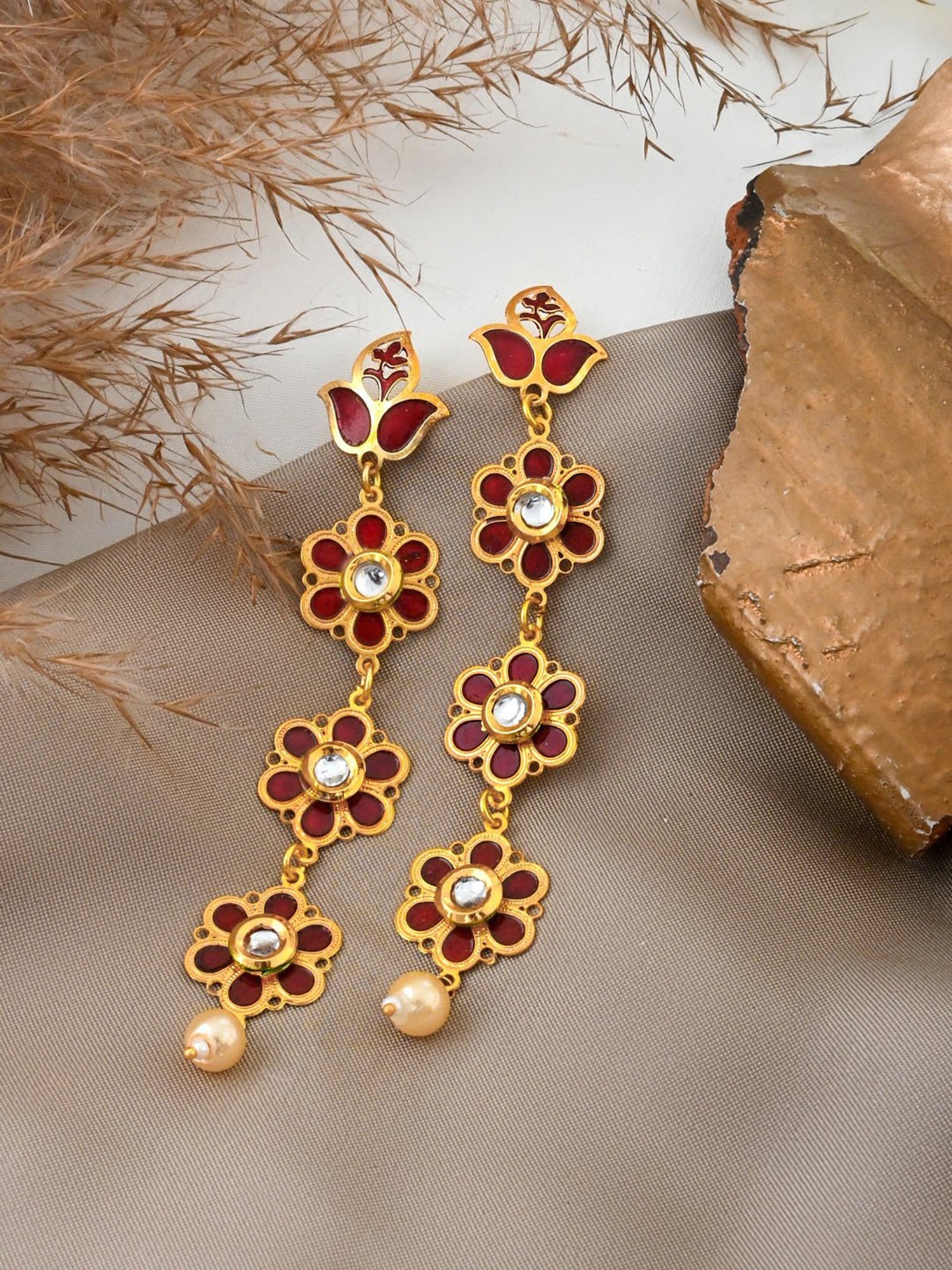 Teejh Daivey Maroon & Golden Dangler Earrings