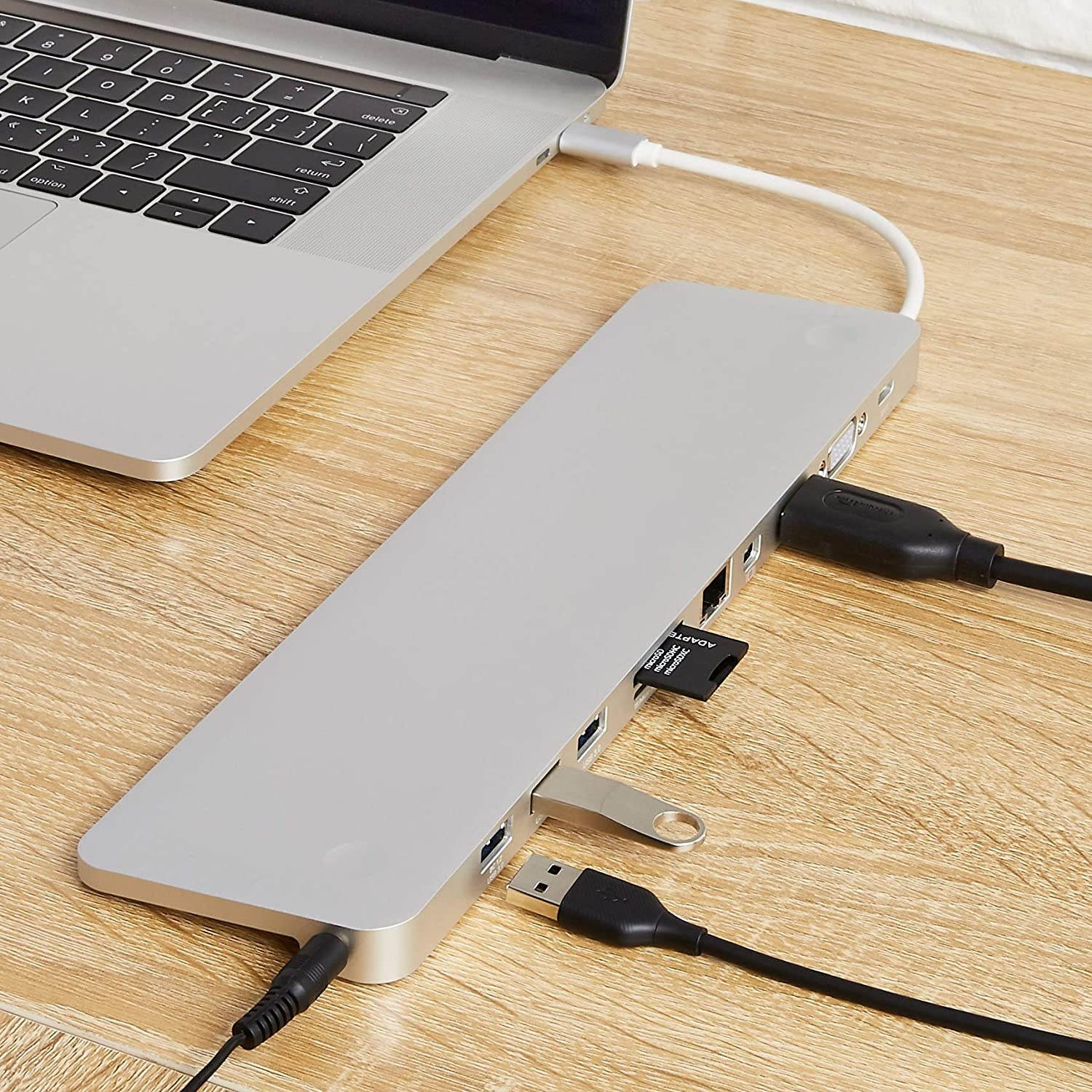 Amazon Basics Aluminum Type-C Docking with Mini DisplayPort, HDMI, VGA, 3 USB-A, Ethernet, SD/TF Card Reader, Audio, and Type-C Charging Port (PD 100W) - Pedestal, Silver