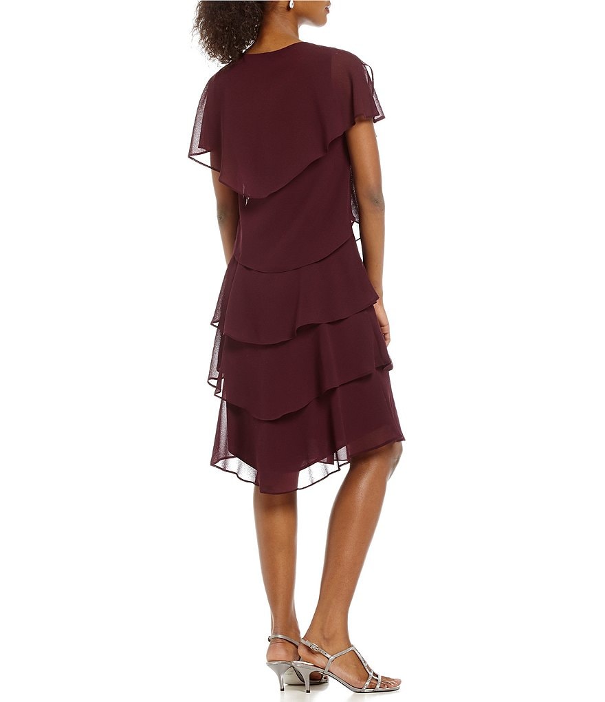 Kay Unger Long Bishop Sleeve V-Neck Crepe A-Line Dress