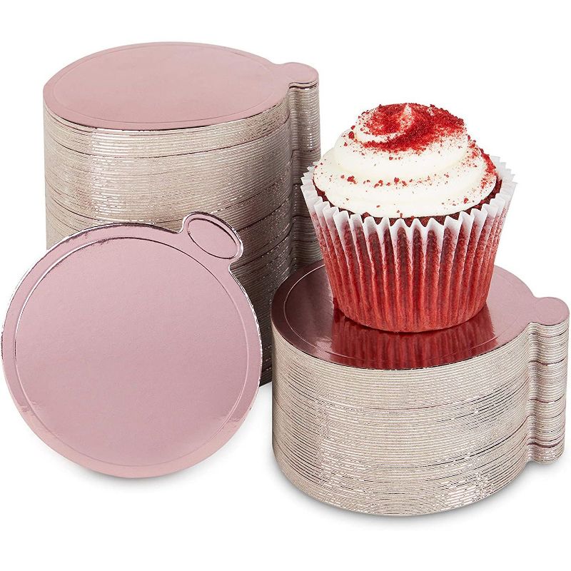 Sparkle and Bash 200 Pack Mini Round Cake Boards, Rose Gold Foil Dessert Base (3.5 Inches)