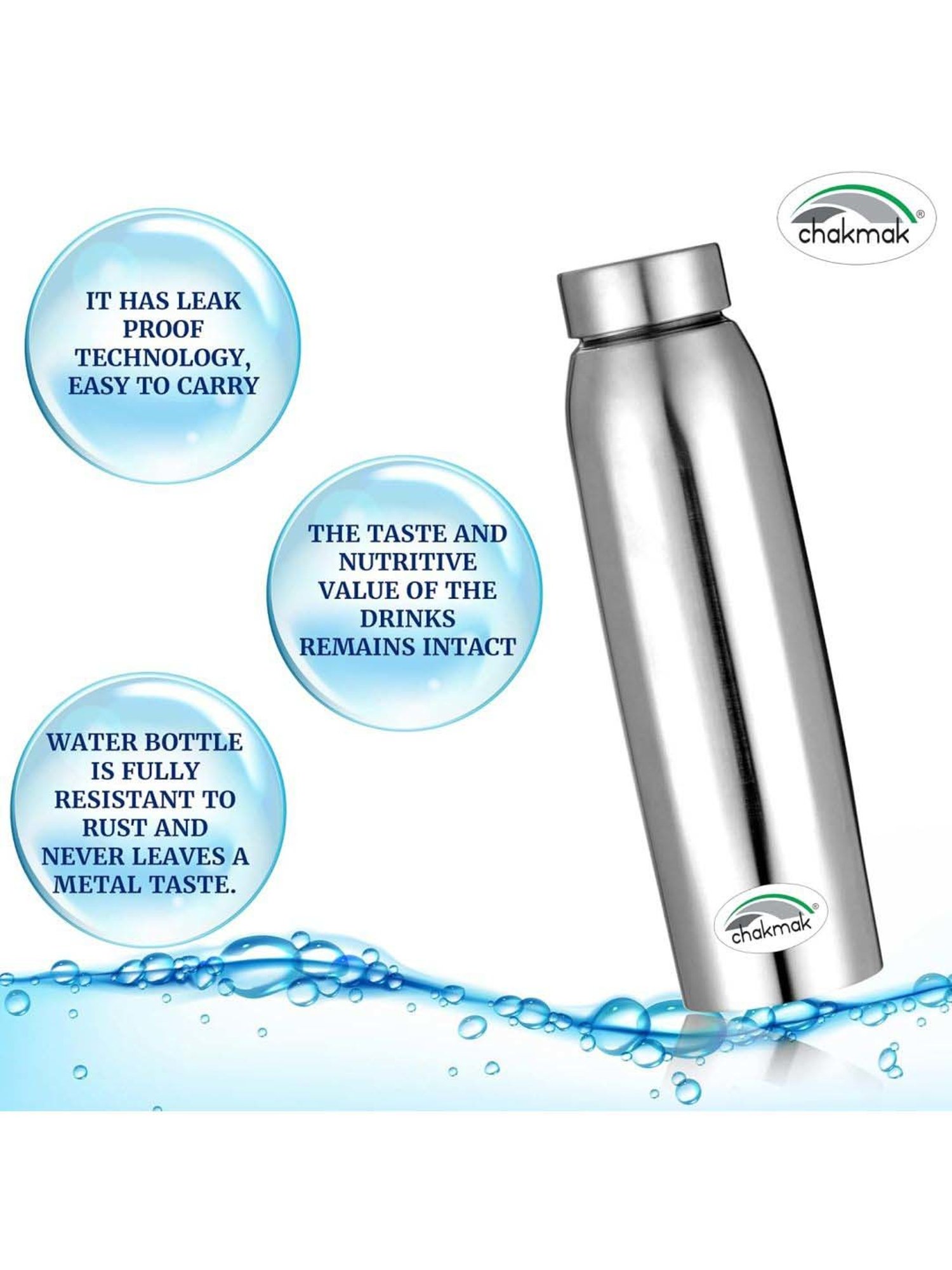 Chakmak Silver Stainless Steel Water Bottle - Set of 4