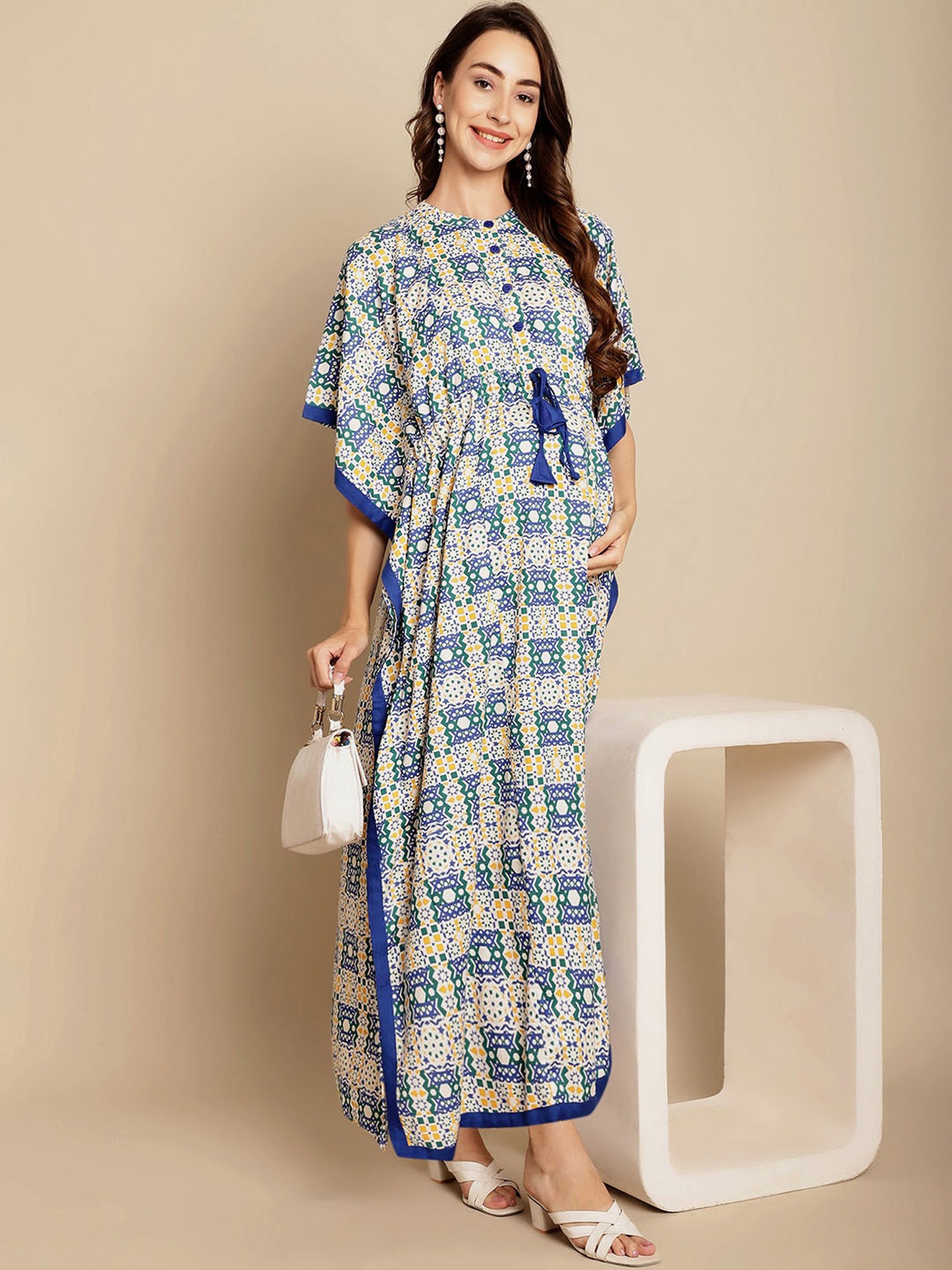 Secret Wish White & Blue Printed Maternity Kaftan Nighty