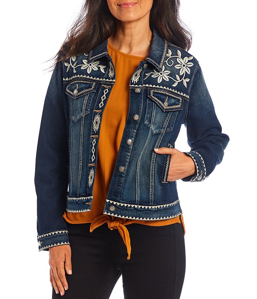 John Mark Long Cuff Sleeve Point Collar Neck Floral Embroidered Denim Jacket