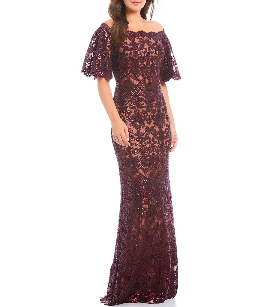 Tadashi Shoji Off-the-Shoulder Sequin Lace Scalloped Hem Gown
