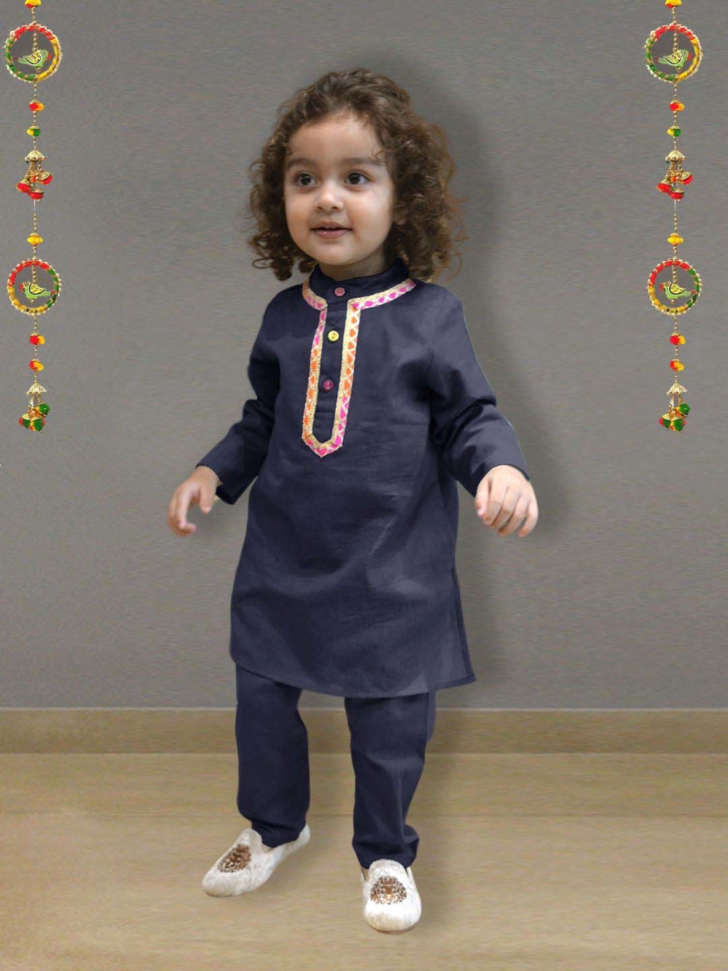 A.T.U.N. Boys Navy Blue Solid Full Sleeves Kurta Set