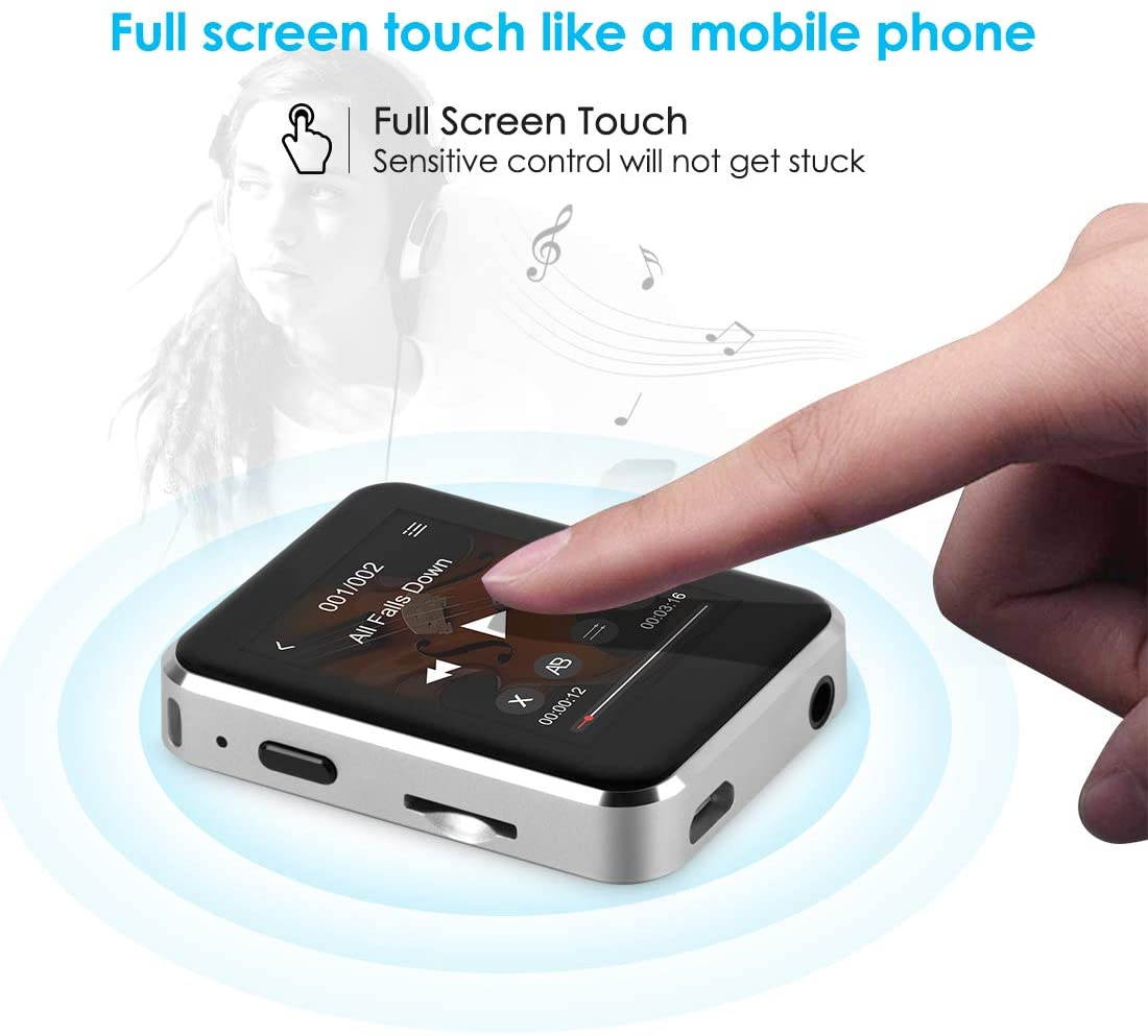Kingbox Mp3 player with Bluetooth, music player with clip supports full touch screen, built-in speaker, HIFI lossless MP3 music player, FM radio, recorder (16GB, up to 128GB)