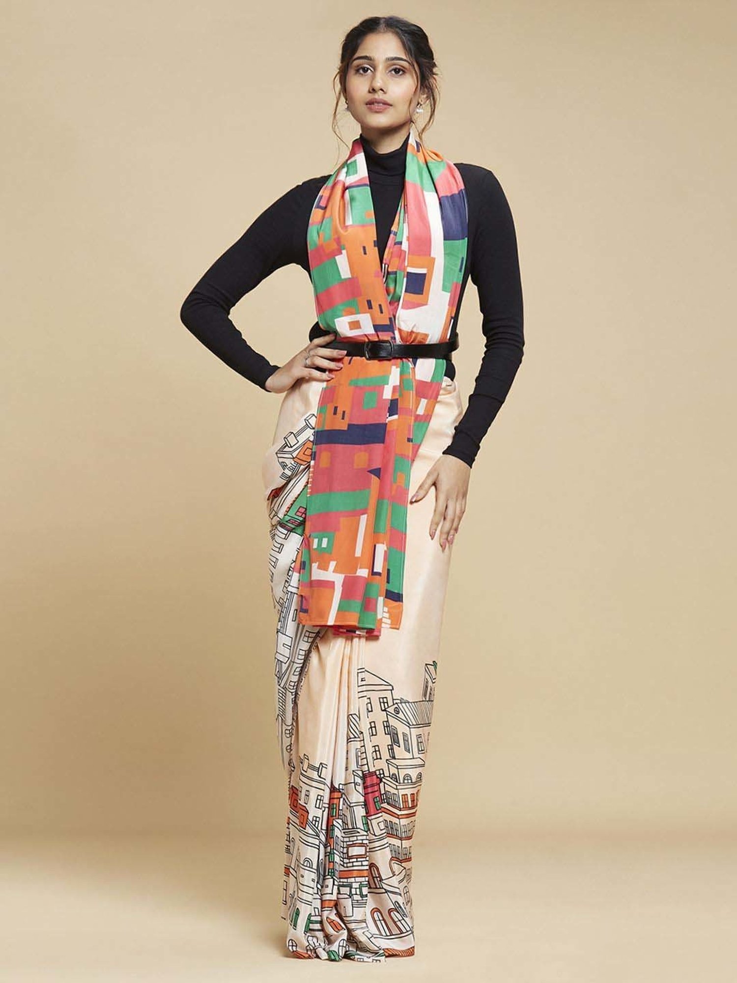 navyasa by liva Peach Printed Saree With Unstitched Blouse