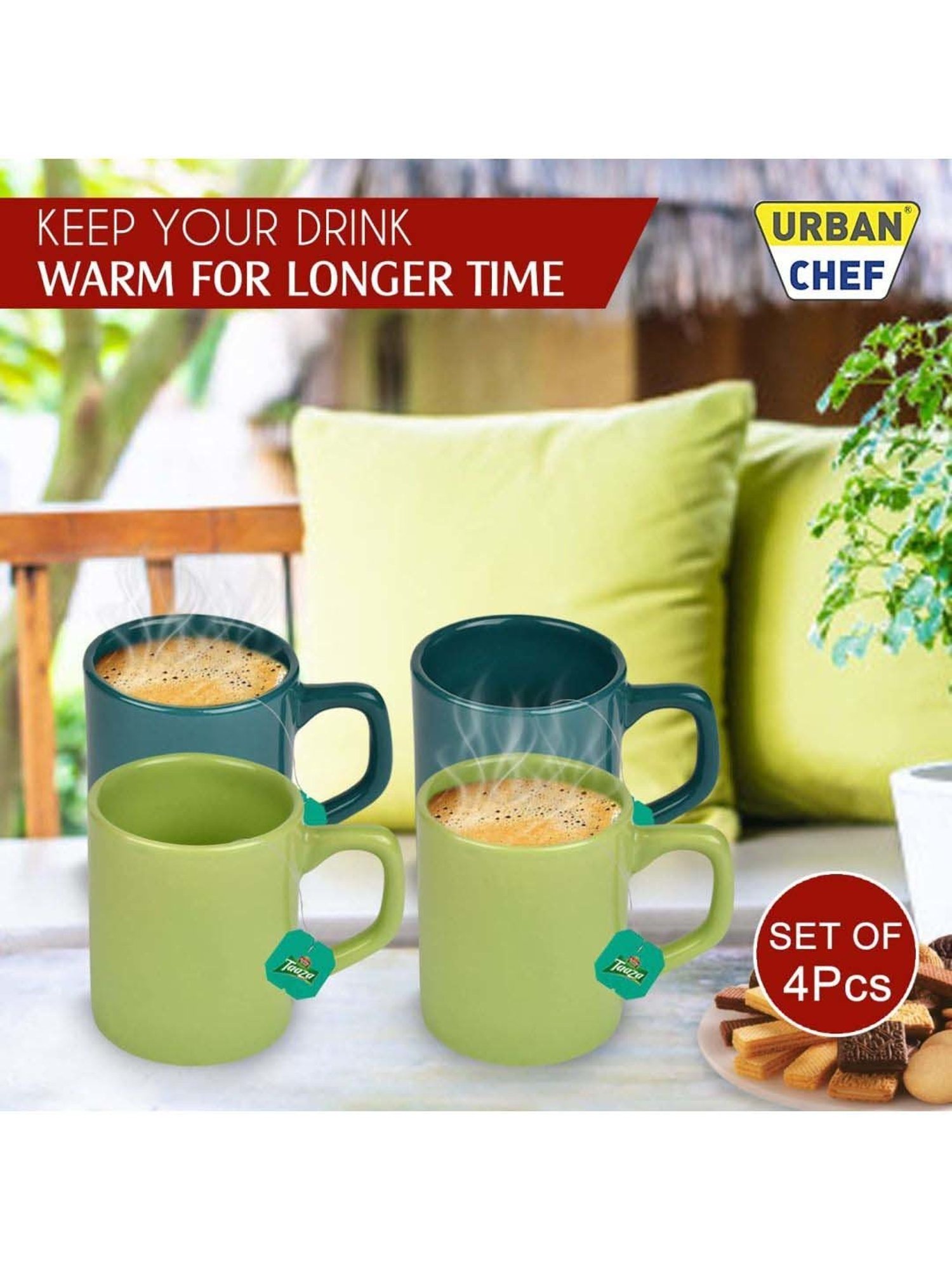 Urban Chef Dark Green & Parrot Green Ceramic Droite Handcrafted Microwave Safe Cup - Set of 4