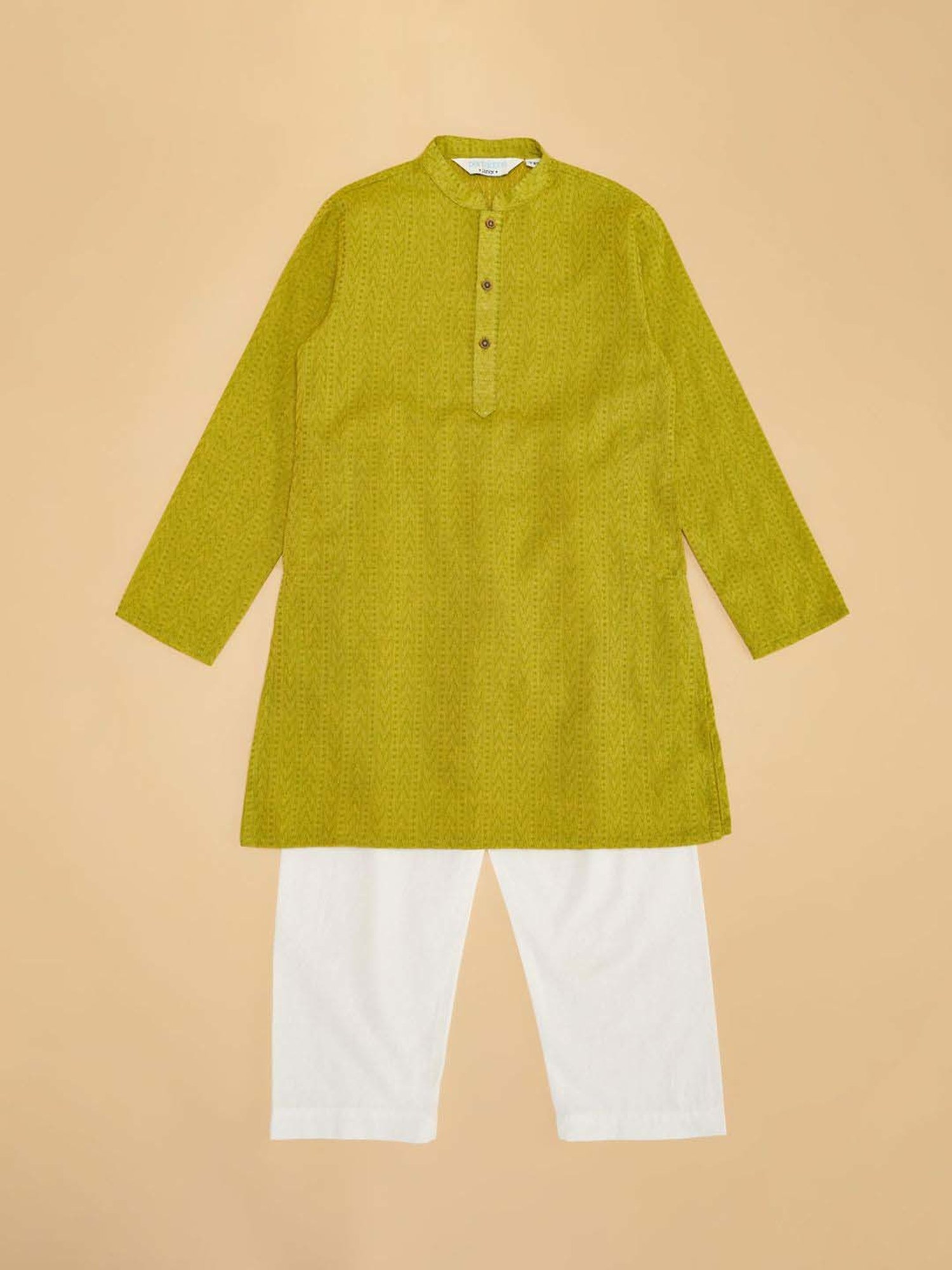 Indus Route by Pantaloons Boys Lime Green Cotton Solid Full Sleeves Kurta Sets