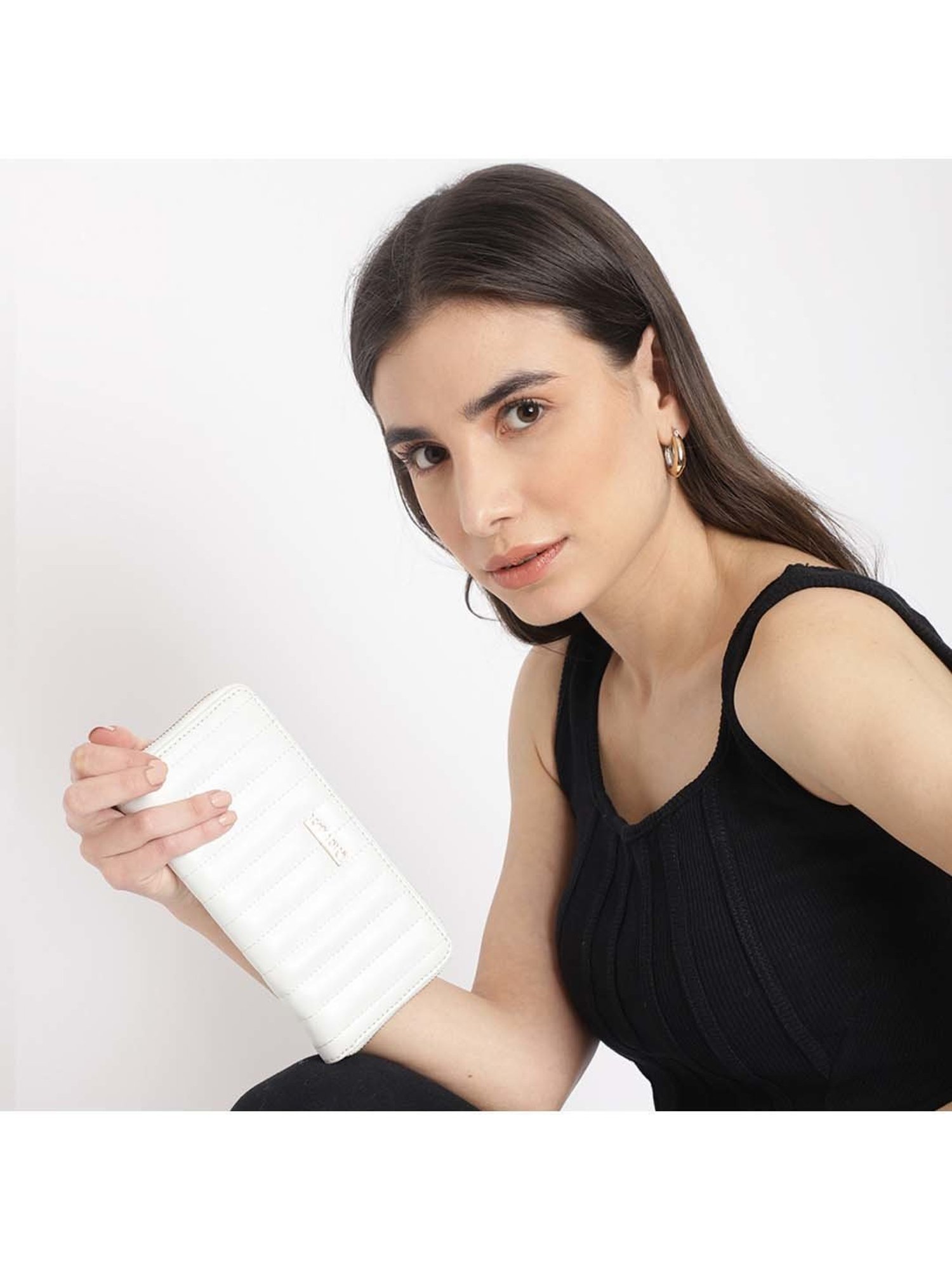 KLEIO White Quilted Zip Around Wallet for Women