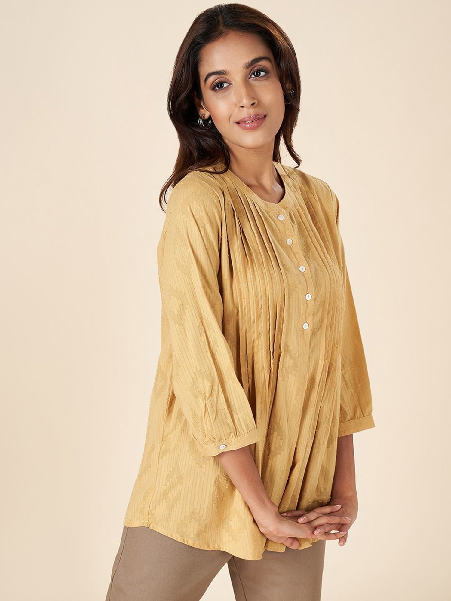 Akkriti by Pantaloons Mustard Cotton Self Pattern Tunic