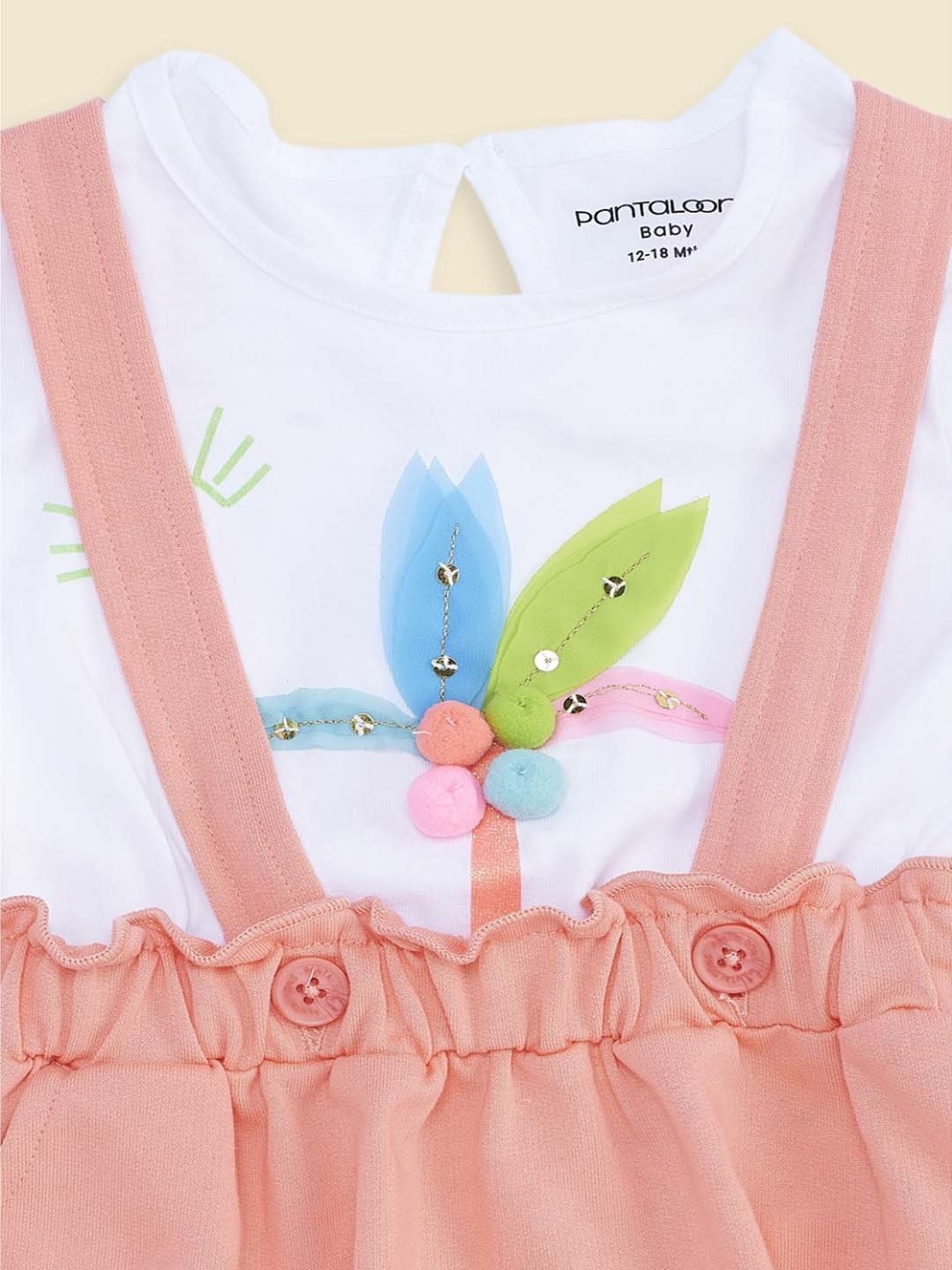 Pantaloons Baby Kids White & Pink Cotton Applique Dungaree Set