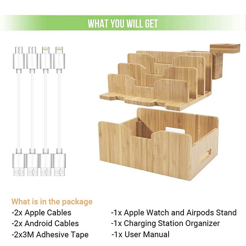 Charging Station for Multiple Devices with Integrated iWatch5 AirPods Pro Stand Desktop Charging Docking Station Organizer for iPhone 12 Tablet 5 Charging Cables IncludedNo Power Supply