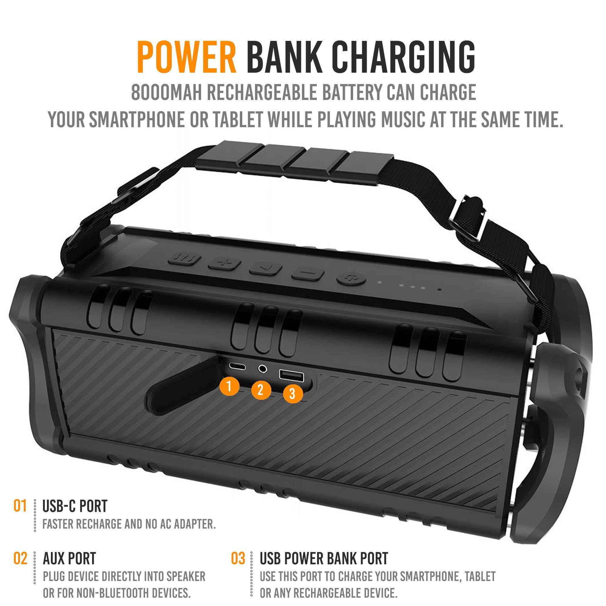 Waterproof Bluetooth Speaker, 40W Portable Wireless Speaker, 8000mAh Power Bank, Shockproof w/TWS, DSP, Stereo, Subwoofer, TF Card & Equalizer, Alpatronix AX500 for Parties, Indoor & Outdoor - Black