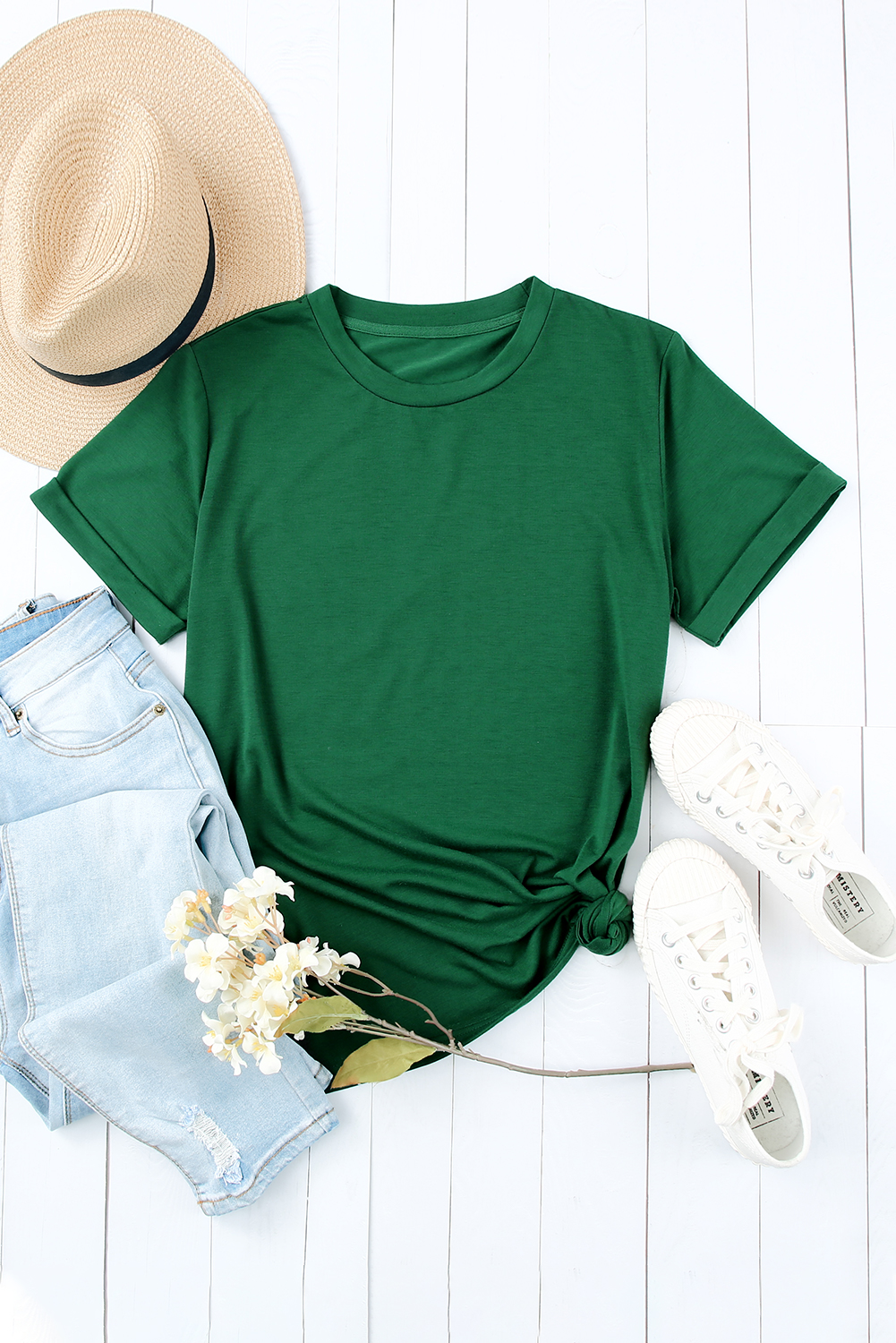 Blank T Shirt - Green Casual Solid Color Crew Neck Tee Customized