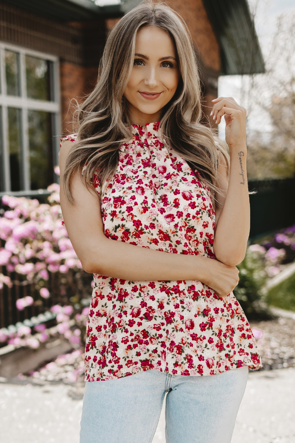 Red Boho Floral Print Ruffled Mock Neck Sleeveless Shirt