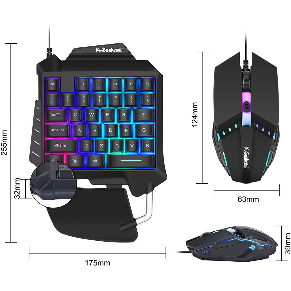 One Handed Backlight Gaming Keyboard and Mouse Combo, Gaming Half Keyboard and Mouse with 35 Mechanical Key, USB Wired Gaming Keyboard Mouse, Single Hand Gaming Keyboard Set for Game
