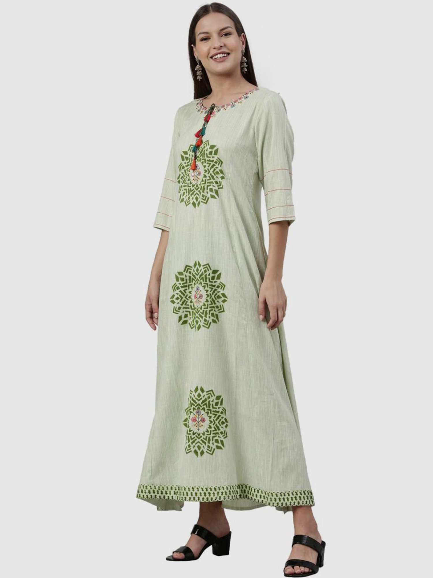 Neerus Pista Green Printed A Line Kurta