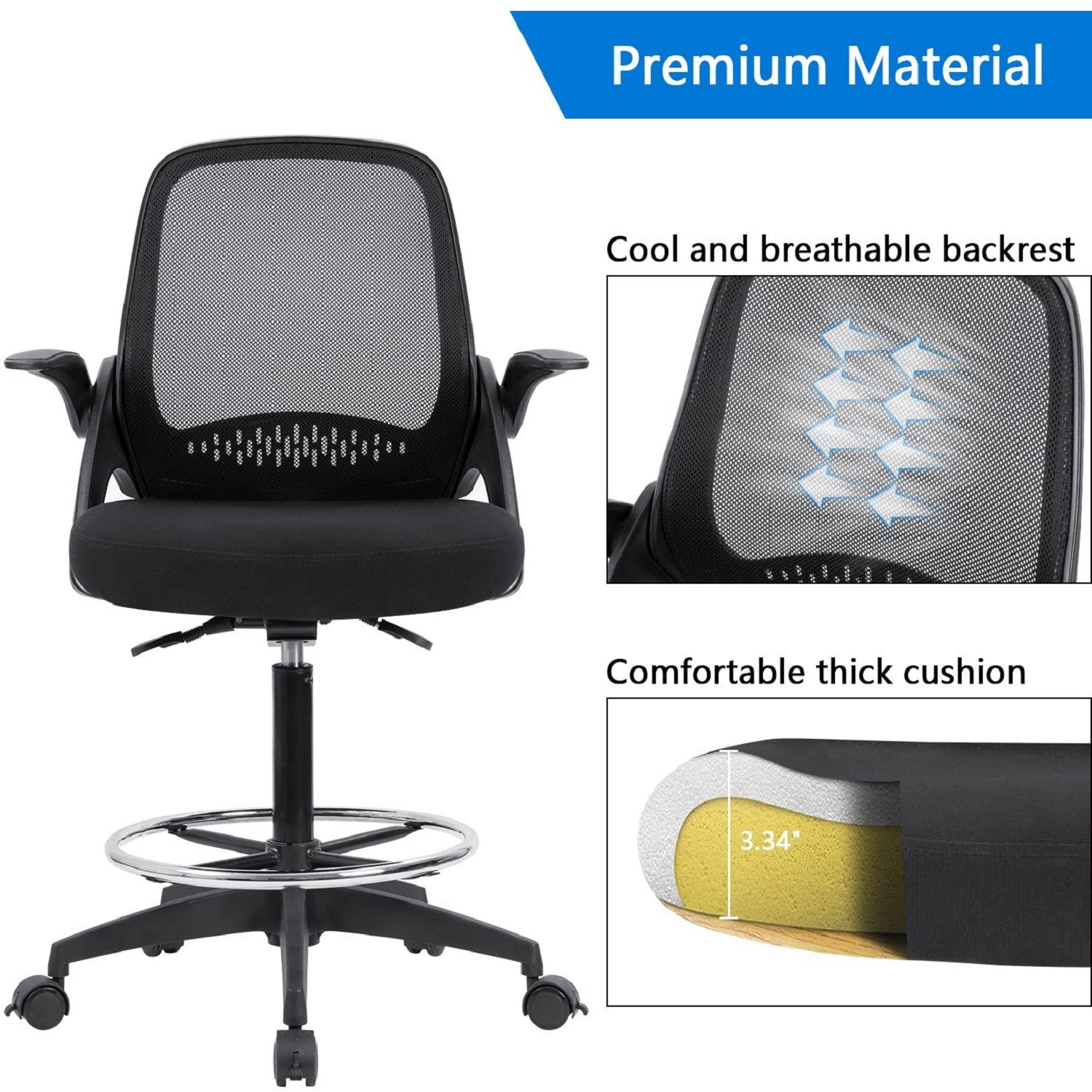 Devoko Drafting Chair with Flip-up Arms Tall Office Chair Executive Computer Standing Desk Chair with Lockable Wheel and Adjustable Footrest Ring (Black)