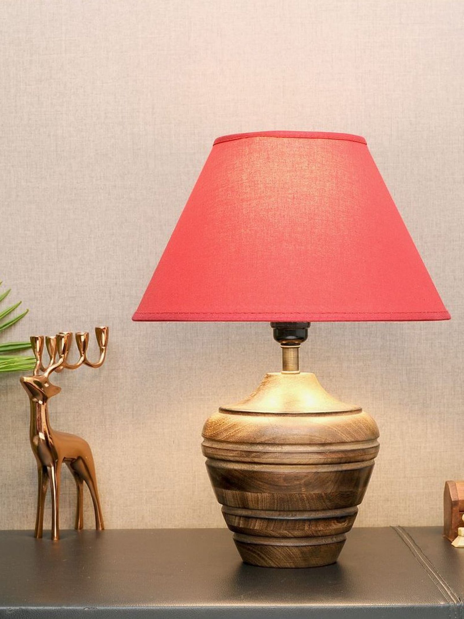 Kapoor Lamp Shades Brown & Pink Wood Knepp Mini Carved Table Lamp