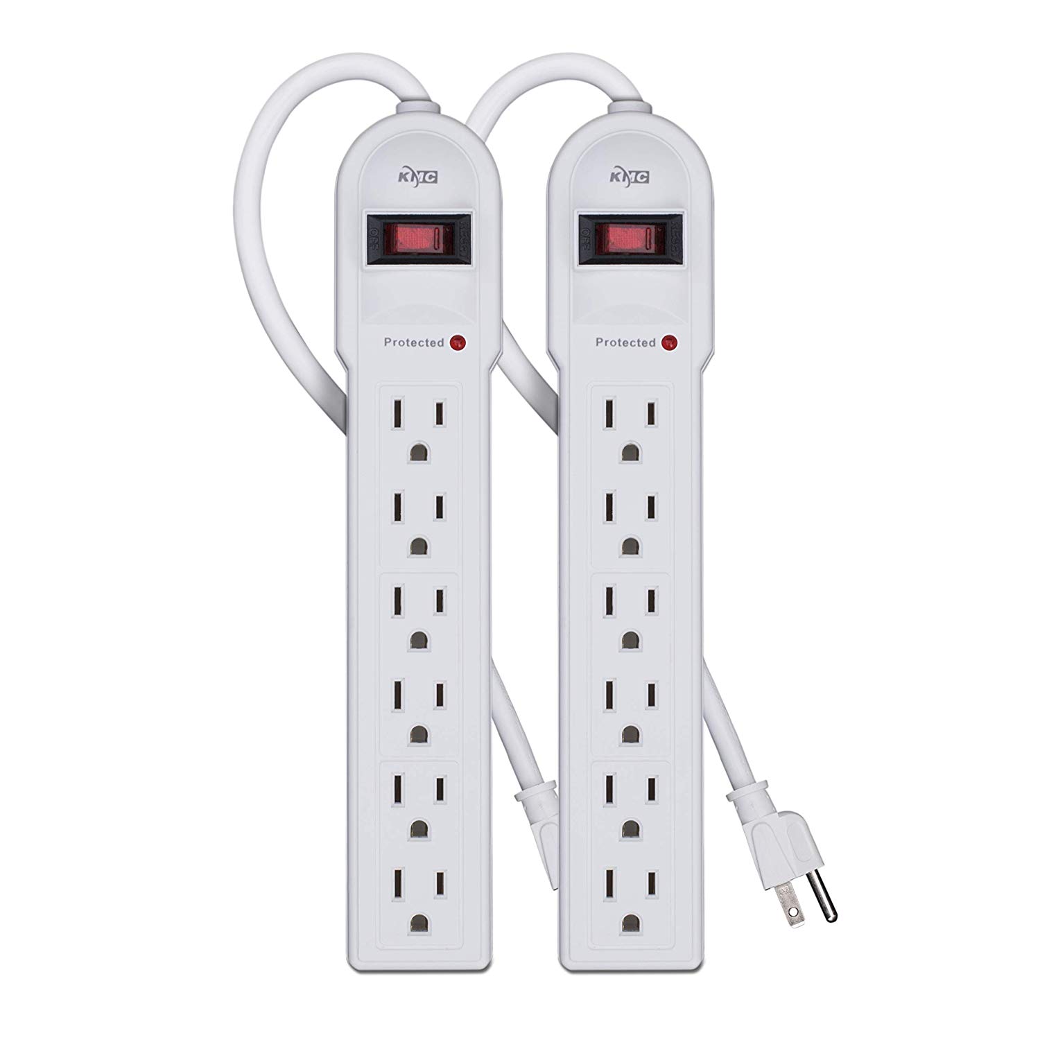 KMC 6-Outlet Surge Protector Power Strip 2-Pack, 900 Joule, 4-Foot Cord, Overload Protection, Black