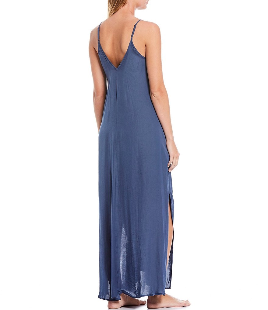 VAN WINKLE & CO. Solid Satin Maxi Chemise With Side Slit Detail