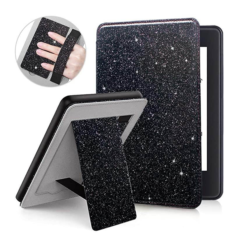 Flip Case for Kindle Paperwhite 2018 EReader 10th Generation Sparkle Cover with Hand Strap Lightweight Premium PU Leather Stand Smart Protective Sleeve with Card Slot Glitter Black