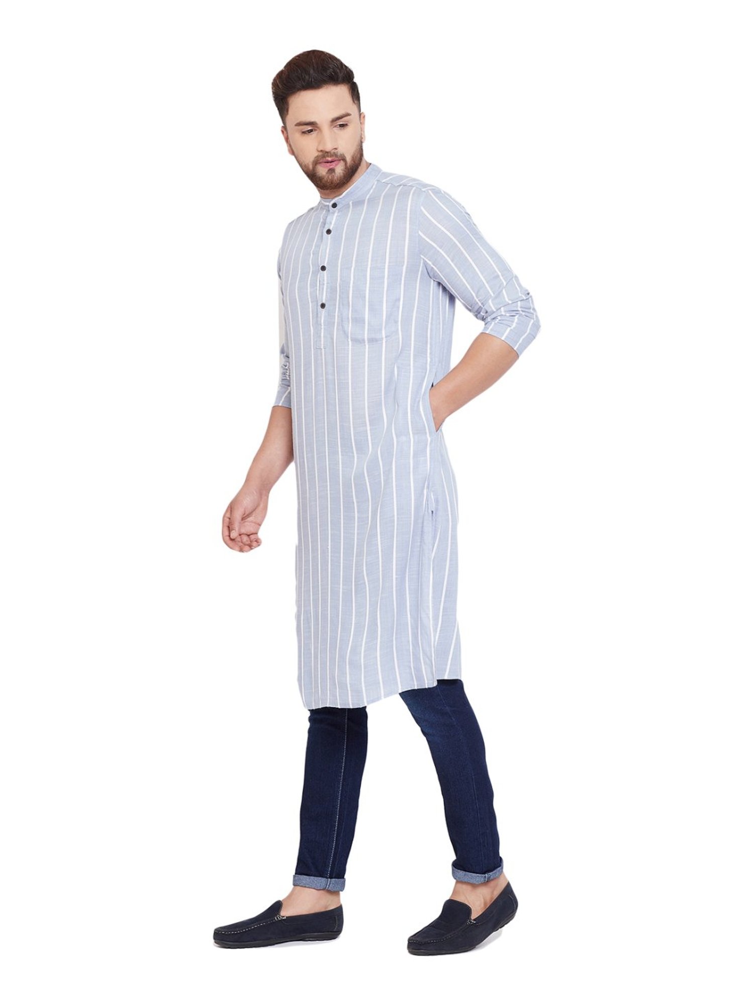 Even Blue Cotton Regular Fit Striped Kurta