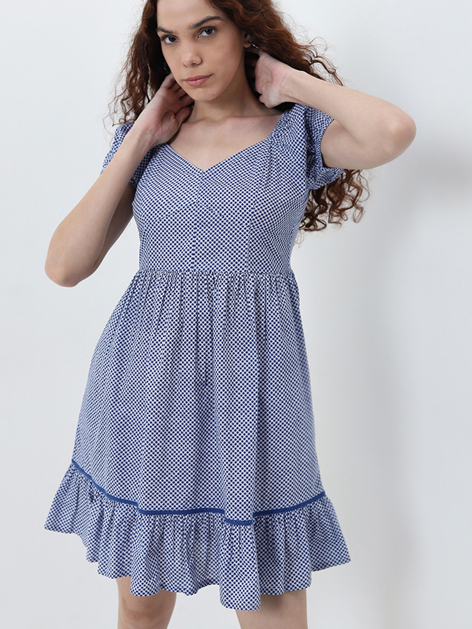 Bombay Paisley by Westside Blue Checks Printed A-Line Cotton Dress