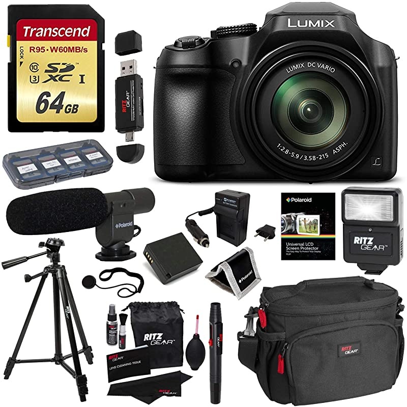FZ80 Lumix 4K Long Zoom Camera, 18.1 MP, F2.8-5.9, Power O.I.S with 3" LCD + Polaroid 64GB + Camera Bag + Tripod and DC-FZ80K Accessory Bundle