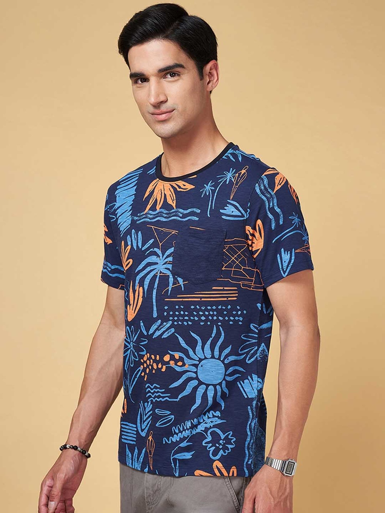 Urban Ranger by Pantaloons Navy Slim Fit Printed Crew T-Shirt
