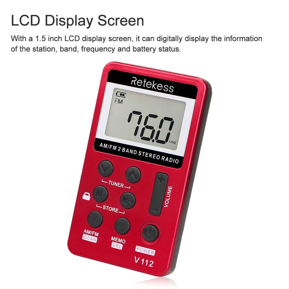 Retekess V-112 Portable AM/ FM Stereo Radio Pocket 2 Band Digital Tuning Radio Mini Receiver Outdoor Radio w/ Earphone Lanyard 1.5 Inch LCD Display Screen 500mAh Battery