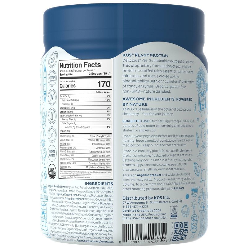 KOS Organic Vegan Meal Replacement Protein Powder - Blueberry Muffin - 13.75oz