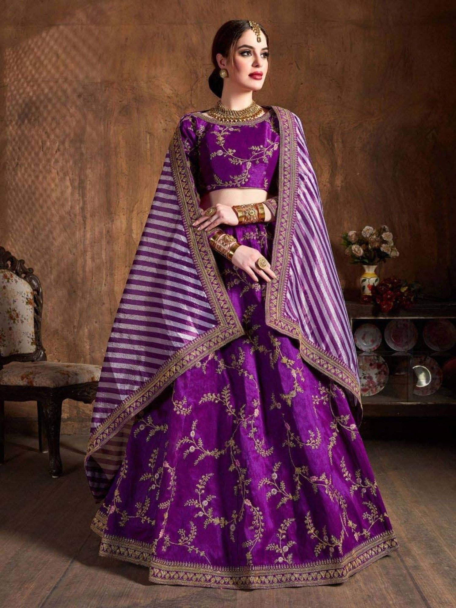 Odette Purple Embroidered Lehenga Choli Set With Dupatta