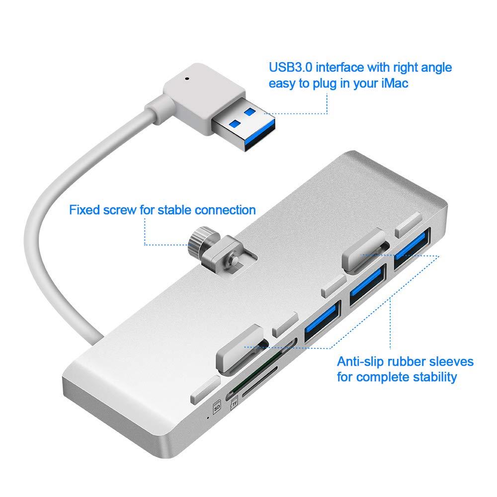 Rocketek iMac Hub Aluminum 3-Port USB 3.0 Hub Adapter with SD & Micro SD Card Reader Combo - Compatible with 2017 iMac and iMac Pro (Silver)