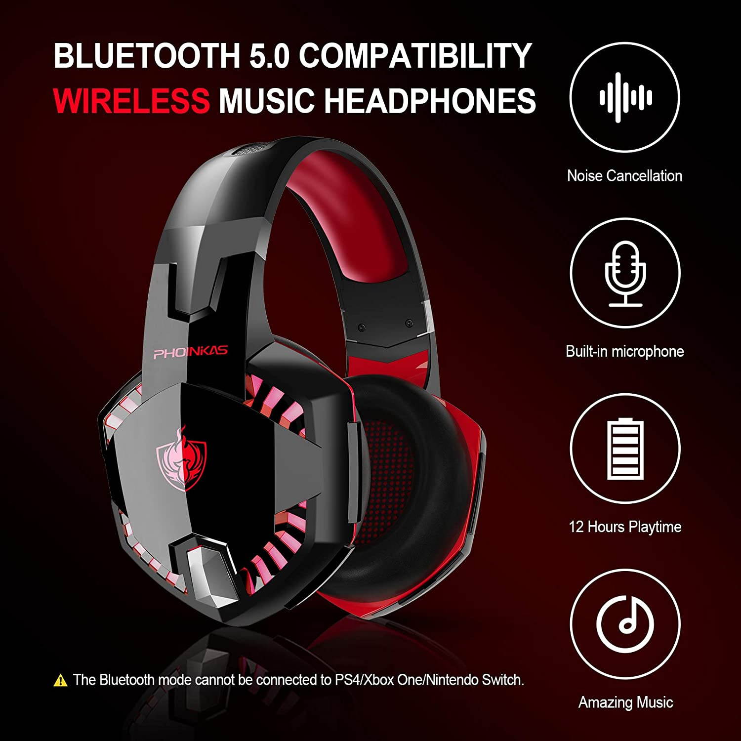 PHOINIKAS G2000 Wired Gaming Headset for PS4, Xbox One, PC, PS5, Over Ear Headphones with Detachable Noise Cancelling Mic, One-Click 7.1 Sound, Bluetooth Wireless Headset only for Phone, Up to 12h