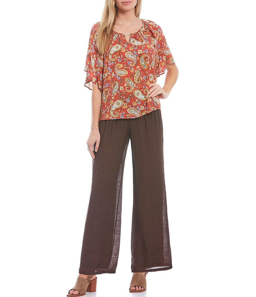 I.N. Studio Petite Size Paisley Print Keyhole Neck 3/4 Raglan Bell Sleeve Top