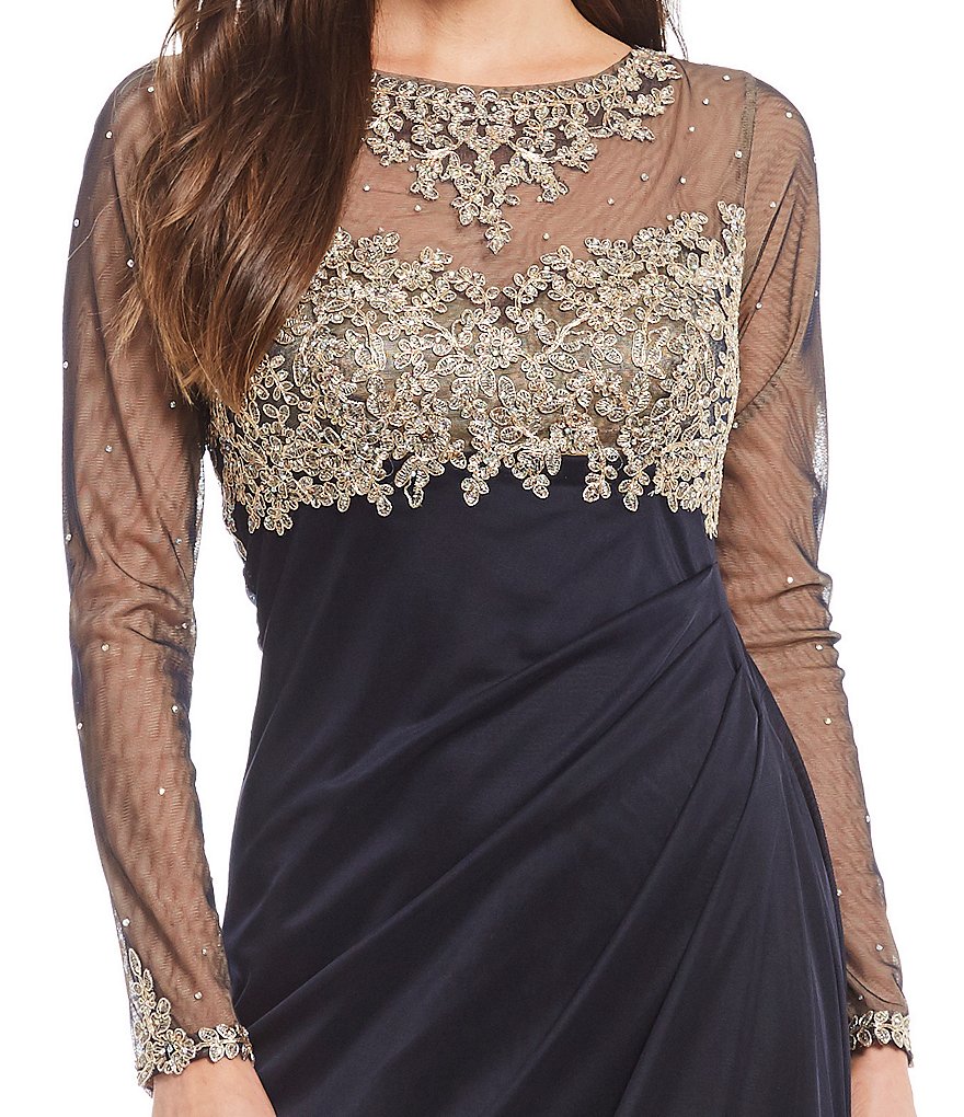 Xscape Long Sleeve Round Neck Gold Embroidered Ruched Gown