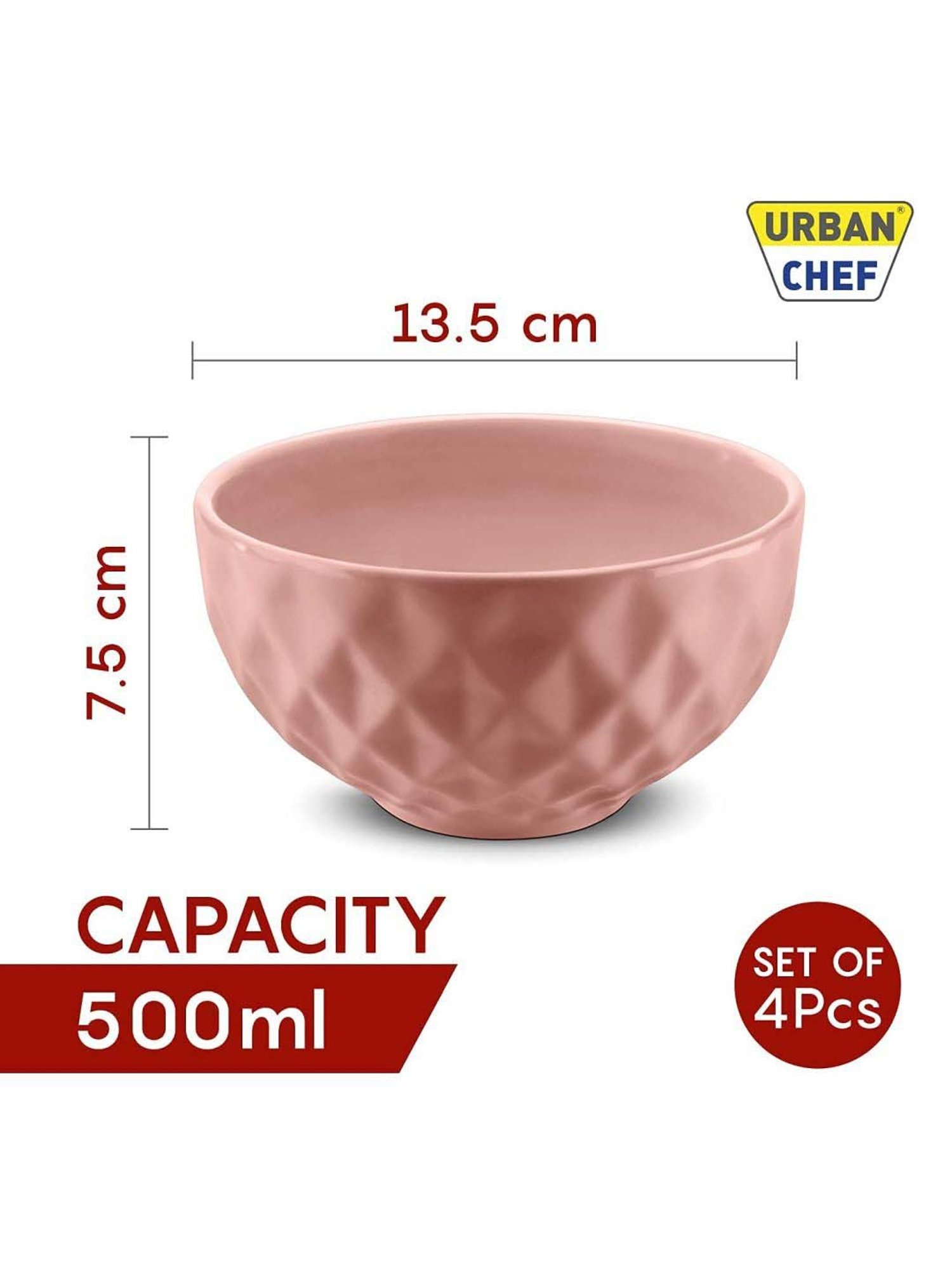 Urban Chef Pink Ceramic Handcrafted Microwave Safe Bowl (0.5 L) - Set of 4