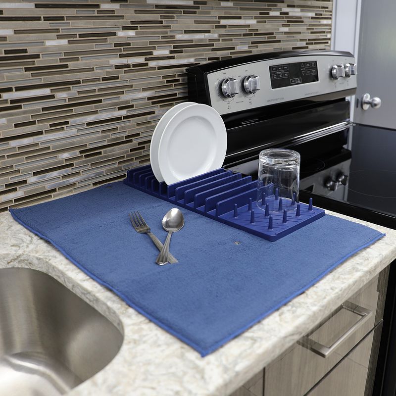 Michael Graves Design 11 Slot Plastic Dish Drying Rack with Super Absorbent Mat, Indigo