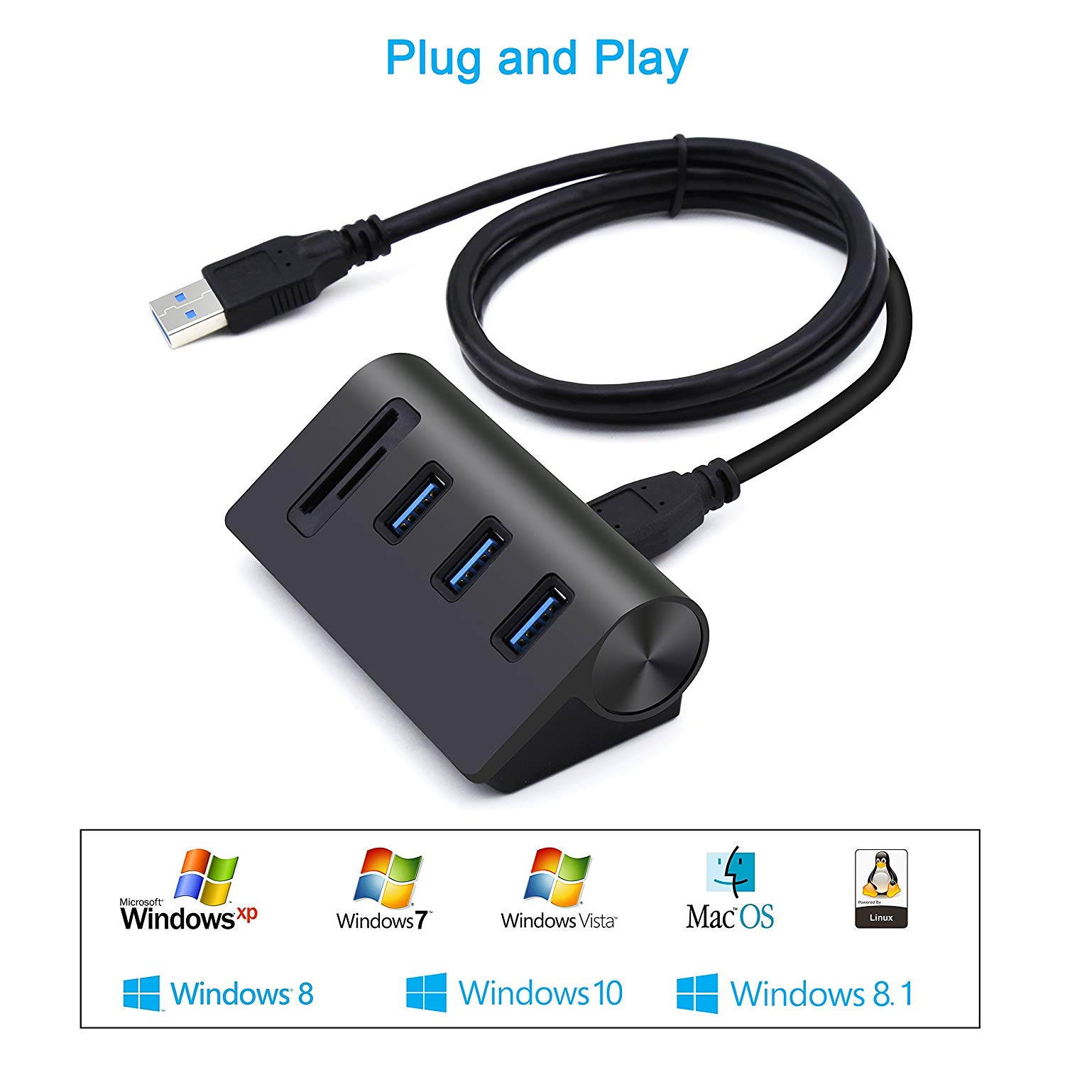 Cateck USB 3.0 HUB, Bus-Powered USB 3.0 3-Port Aluminum Hub with 2-Slots Card Reader Combo for iMac, MacBook Air, MacBook Pro, MacBook, Mac Mini, PCs, and Laptops, Black