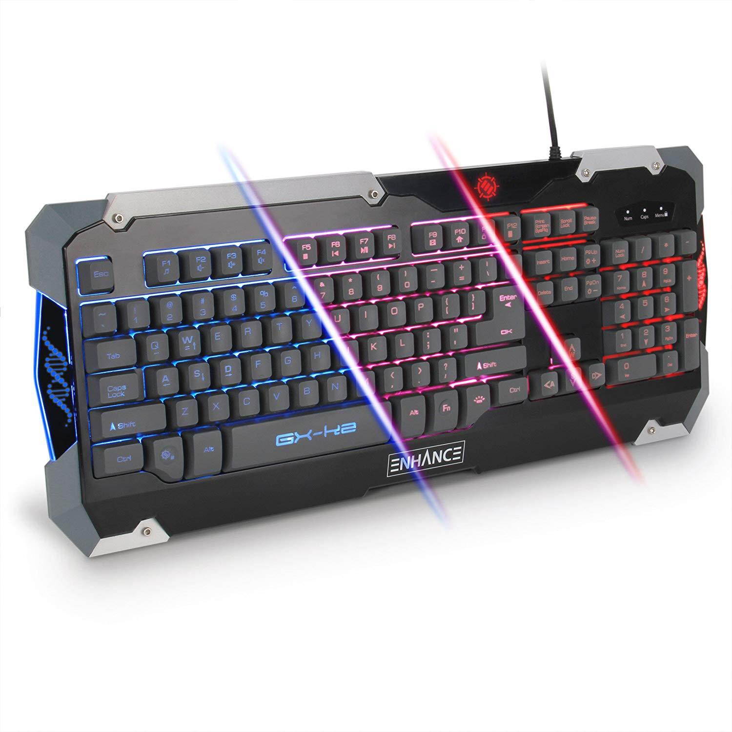 Enhance GX-K2 Gaming Keyboard with 104 Hybrid Mechanical Feel Keys, LED Backlit, Braided Cable - 3 Color Selection, Multimedia Shortcuts, Plug & Play USB Connection - PATHOGEN Series