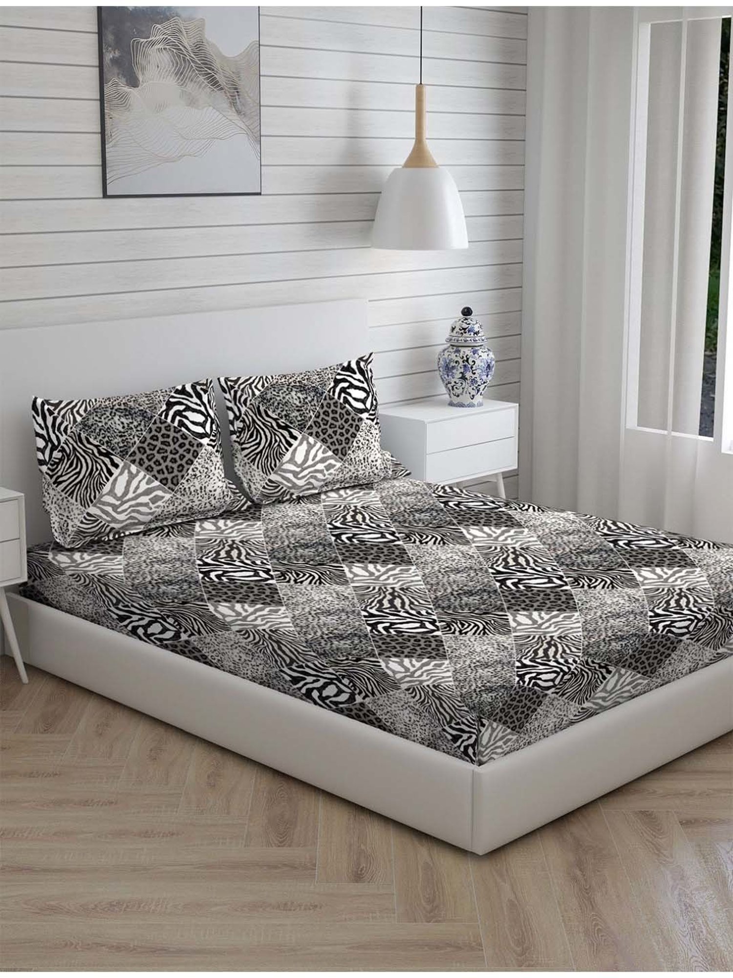 Boutique Living Untamed Grey Cotton 270 TC King Size Bed Sheet with Pillow Cover