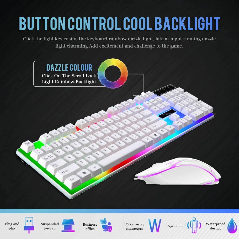 Wired Gaming Keyboard Rainbow Backlit Mechanical Keyboard Mouse Combo, LED 104 Keys USB Ergonomic Wrist Rest Keyboard, Mouse for PC Gamer