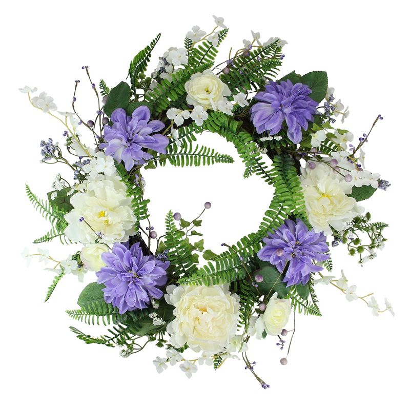 Northlight Daisy and Peony Foliage Twig Artificial Floral Wreath, Purple 22-Inch