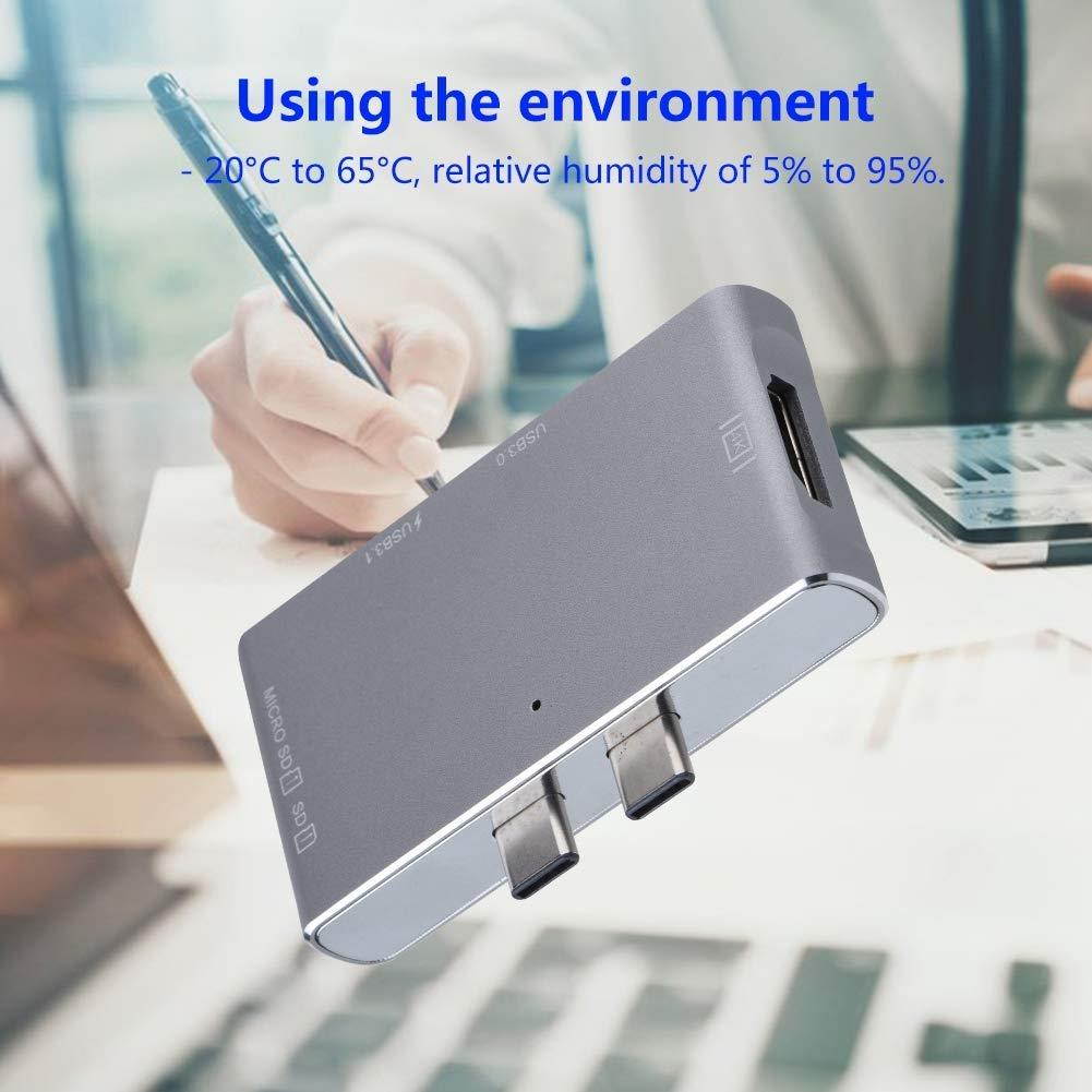 Zerone Multiport USB C Adapter, Dual Type-C HUB to HDMI 4K HUB + Card Reader + Thunderbolt 3 Interface Grey