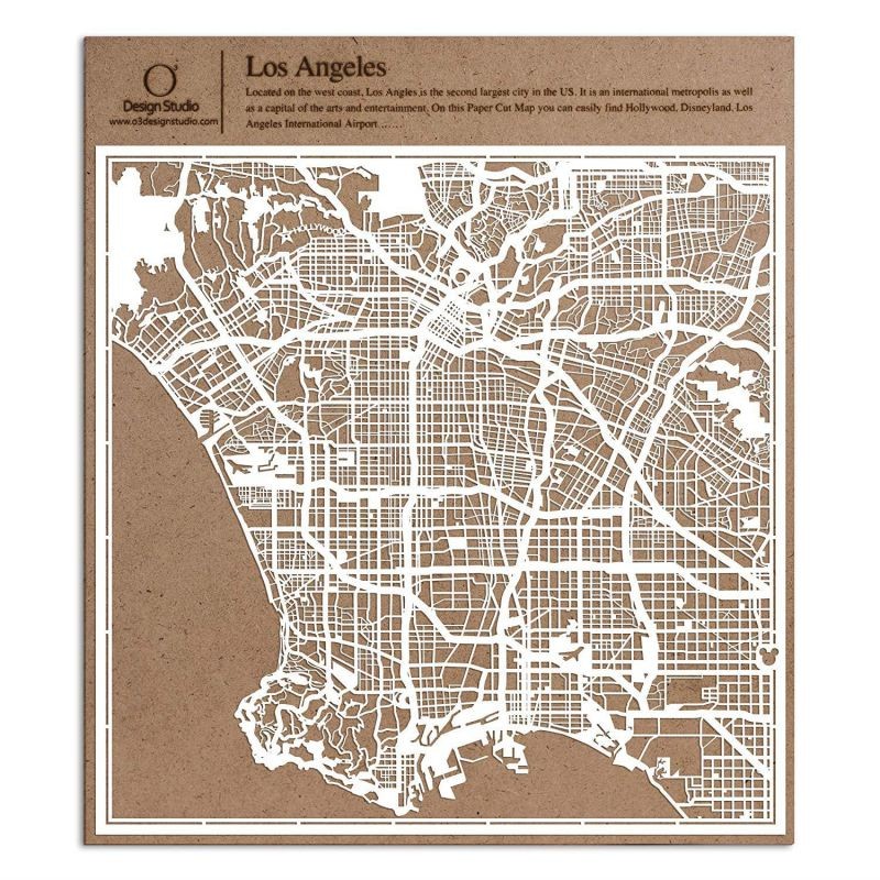 Los Angeles Paper Cut Map by O3 Design Studio White 12x12 inches Paper Art